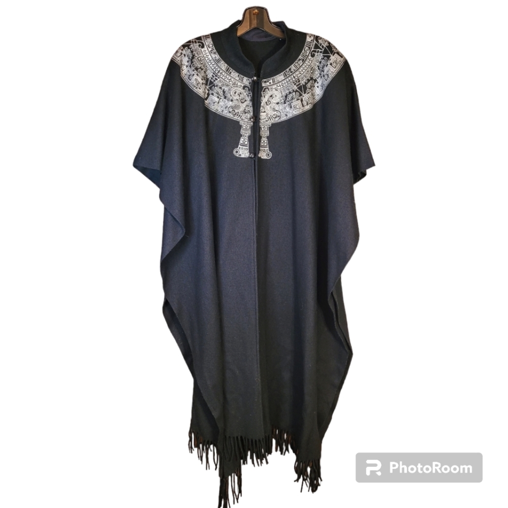 Vintage Boho Chic Fringed black Wool Poncho Aztec Calendar OS